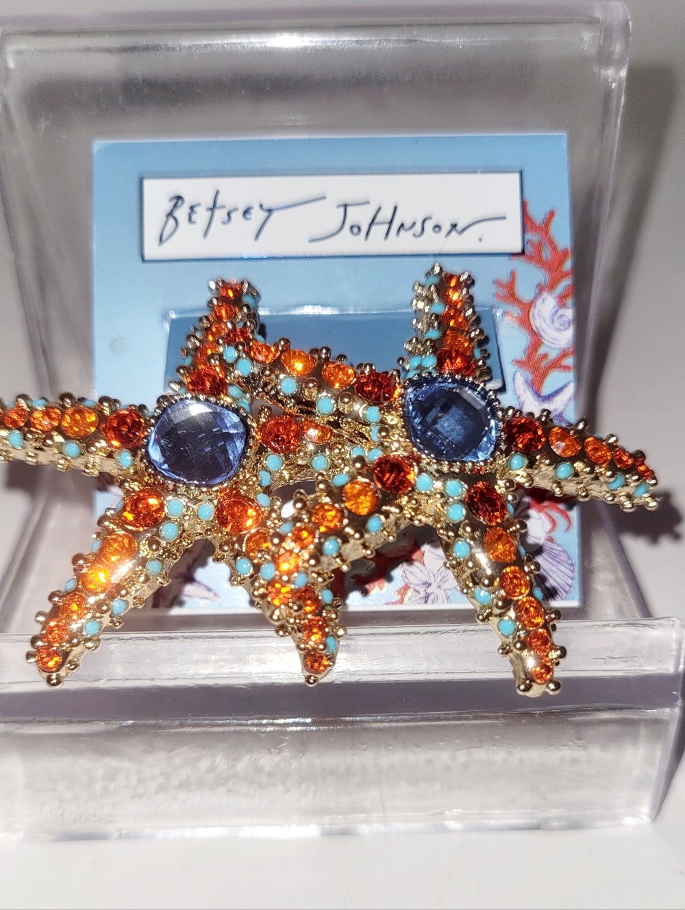 Betsey Johnson Orange and Blue Crystal Starfish Earrings - Picture 2 of 3